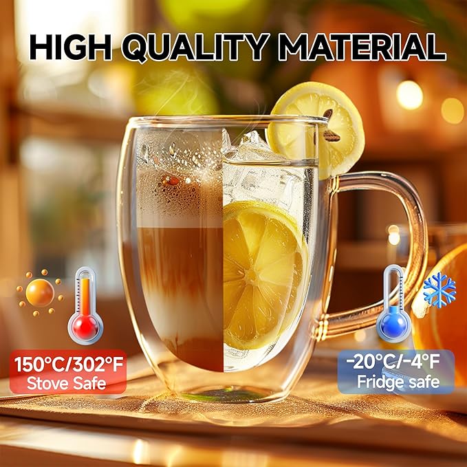 12 Ounces Set of 2 Double Walled Glass Coffee Mugs with Handle Insulated Layer Coffee Cups Borosilicate Glass Espresso Double Insulated Clear Glass Coffee Mug for Hot Beverages