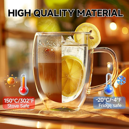 12 Ounces Set of 2 Double Walled Glass Coffee Mugs with Handle Insulated Layer Coffee Cups Borosilicate Glass Espresso Double Insulated Clear Glass Coffee Mug for Hot Beverages