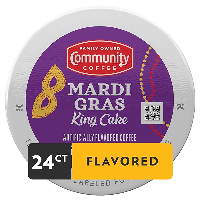 Community Coffee Mardi Gras King Cake Flavored 24 Count Coffee Pods, Medium Roast, Compatible with Keurig 2.0 K-Cup Brewers, 24 Count (Pack of 1)