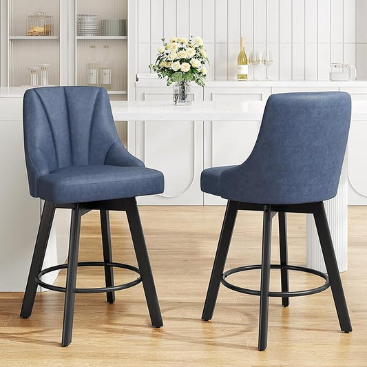 Swivel Bar Stools with Backs, 24" Counter Height Bar Stools Set of 2, Fabric Upholstered Counter Barstools with Solid Wood Legs for Kitchen Island, Home Bar, Blue