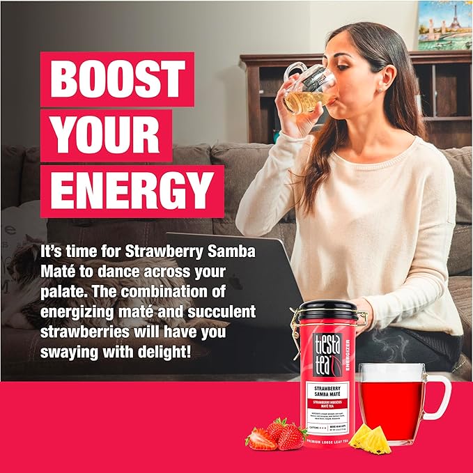 Tiesta Tea - Strawberry Samba Mate, Loose Leaf, Strawberry Hibiscus Mate Tea, High Caffeinated Fruit Blend, Make Hot or Iced Up to 50 Cups, 4 oz Refillable Tin