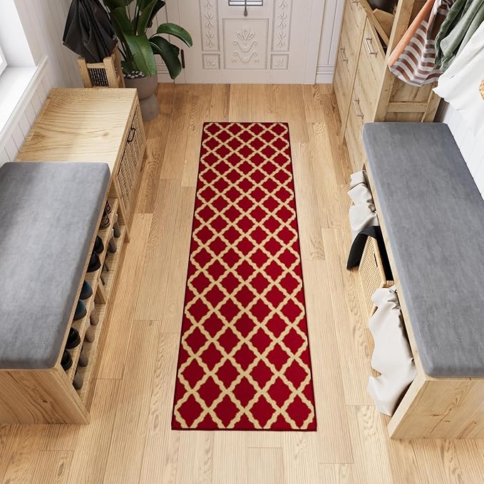 Ottomanson Hallway Runner Rug 1'10" x 7' Non Slip Trellis Area Rugs Easy to Clean Laundry Rug Runner Durable & Pet Friendly Floor Carpet Runners for Hallways Entryway Living Room Kitchen Bathroom, Red