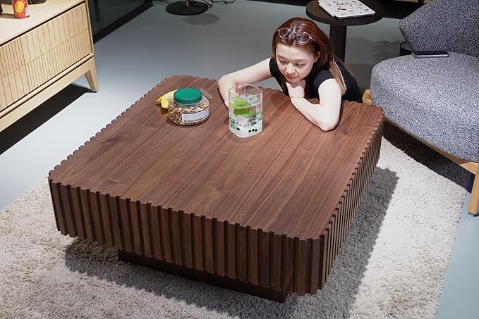 KEVINSPACE Square Wood Coffee Table, Fluted CoffeeTable Handcraft Drum TeaTable CenterTable for Living Room, Modern Wooden CocktailTable for Small Space, Easy Assembly 35.43" 15.75" H Walnut