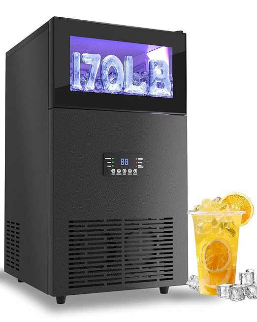 Commercial Ice Maker Machine 𝟏𝟕𝟎 𝐋𝐛𝐬/𝐃𝐚𝐲, Undercounter Ice Makers 40Lbs Storage Bin and 63 Ice Trays, Outdoor Ice Maker Brushed Metal with Water Line, Ice Scoop, for Home, Bar, Party