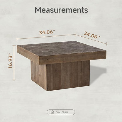 Modern Farmhouse Wood Block Coffee Table, Rustic Square Table Chunk Table with Cubic Base for Family, Living Room, Lounge, Nature Wood Finish, Sturdy, Distressed, Rectangle
