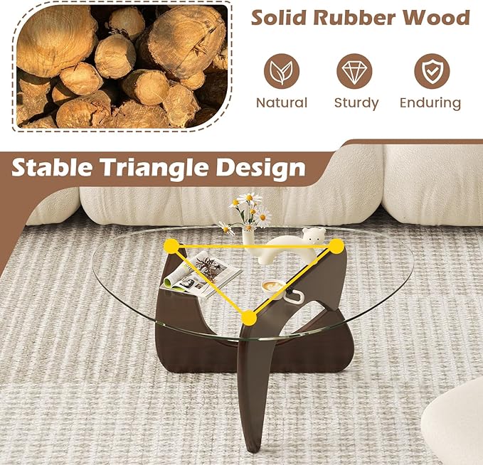Tangkula Triangle Glass Coffee Table, Mid-Century Modern Center Table with Tempered Glass Top & Adjustable Rubber Wood Base, Small Coffee Table for Small Spaces, Living Room & Reception Room (Walnut)