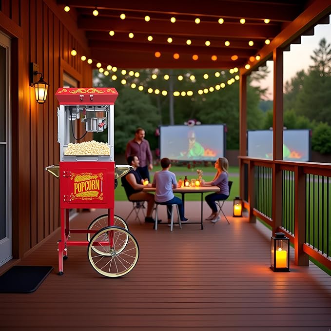 Popcorn Maker with Cart & 20oz Kettle, Antique Style Popcorn Maker on Wheels with 16" Tires & Storage Cabinet, Mobile Popcorn Popper Machine for Theater, Carnival, Home Party, Red