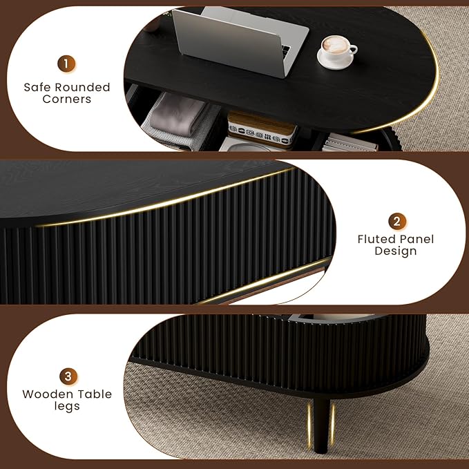 BREEZEHEAT Fluted Lift Top Coffee Table, 39" Black Modern Oval Coffee Table with Storage, Hidden Compartment & Fully Assembled Centre Table, Lift Tabletop for Living Room, Home Office, Small Space