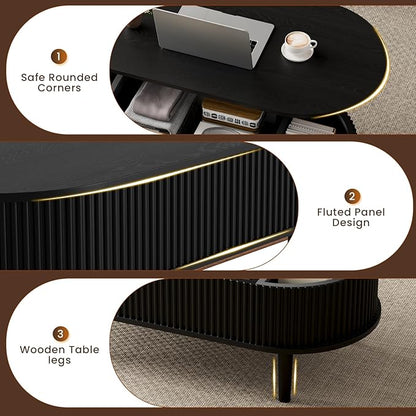 BREEZEHEAT Fluted Lift Top Coffee Table, 39" Black Modern Oval Coffee Table with Storage, Hidden Compartment & Fully Assembled Centre Table, Lift Tabletop for Living Room, Home Office, Small Space
