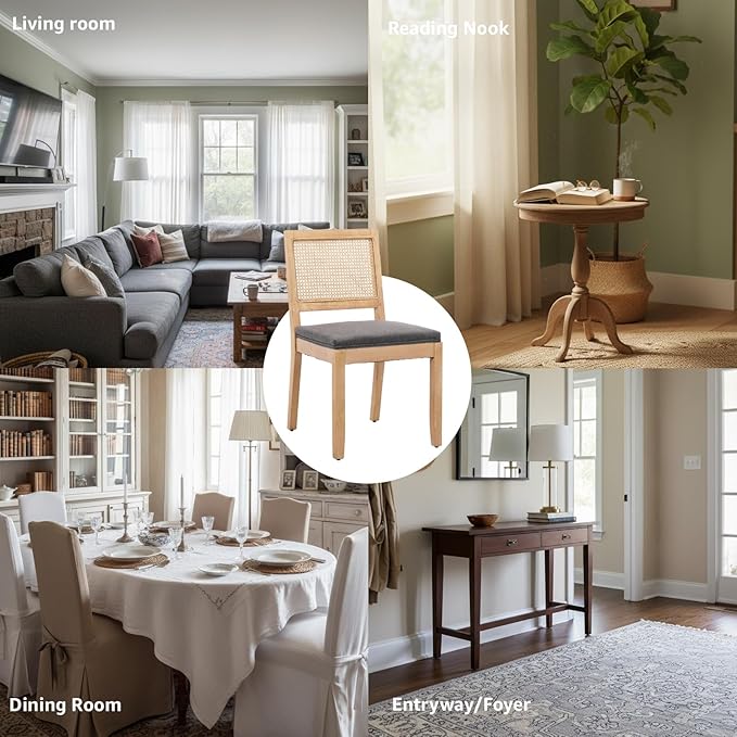 French Country Dining Chairs Set of 8, Grey Modern Kitchen & Dining Room Chairs, Rattan Dining Chair with Linen Upholstered Cushion, Low Cane Back, Wood Legs, Sillas de Comedor (Gray, 8 Pcs)