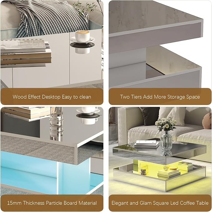 LED Coffee Table with Lights for Living Room Modern Mid Century Square Small Center Table with Storage Shelf Mirror Effect 2-Tier Apartment Office Bedroom Waiting Room Reception, Pet