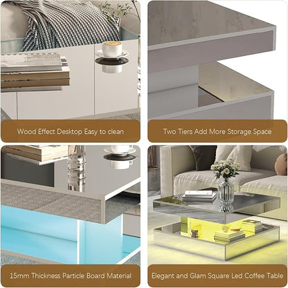 LED Coffee Table with Lights for Living Room Modern Mid Century Square Small Center Table with Storage Shelf Mirror Effect 2-Tier Apartment Office Bedroom Waiting Room Reception, Pet