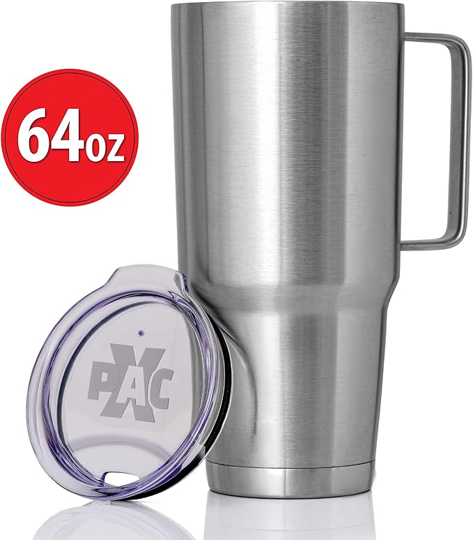 Maxam XPAC 64 Ounce Double Vacuum Wall Stainless Steel Vacuum Insulated Tumbler with Lid and Handle, Fits in a 4 Inch Wide Car Beverage Holder
