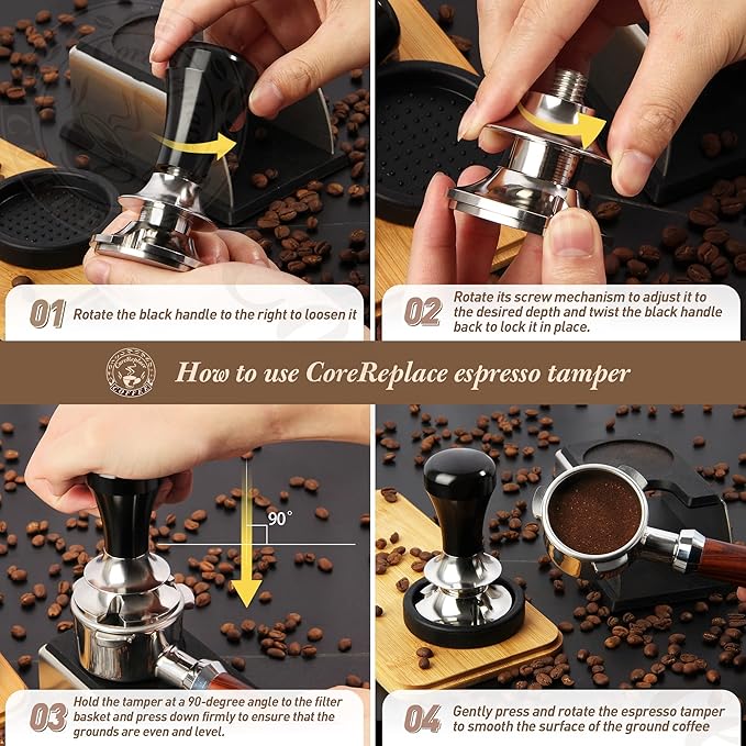 Newest 58mm Espresso Coffee Tamper Adjustable Height with Scale, 30lbs Springs Tamping Strength, Stainless Steel Flat Base, with Mat
