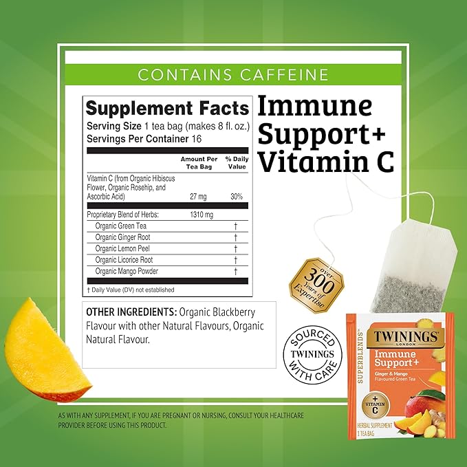 Twinings Superblends Immune Support+ Herbal Tea with Vitamin C, Ginger & Mango Flavoured Green Tea, 16 Tea Bags (Pack of 1), Enjoy Hot or Iced