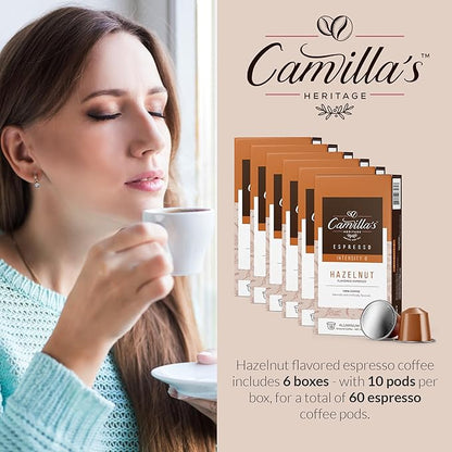 Camilla’s Heritage - Intensity 8 Hazelnut Flavored Espresso Coffee, Gourmet Espresso Cups, 60 Coffee Pods