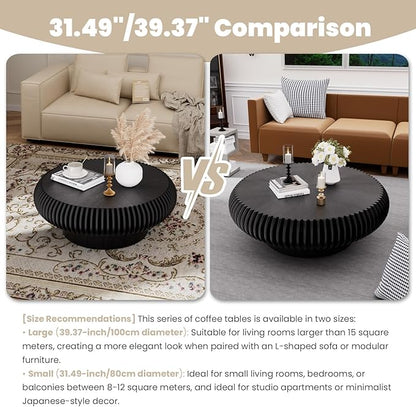 Round Fluted Coffee Table Modern Handcraft Drum Coffee Table with Sturdy Pedestal 39.37" Farmhouse Center Table Tea Table for Living Room, Reception Room, Entertainment Room (Black 39.37")