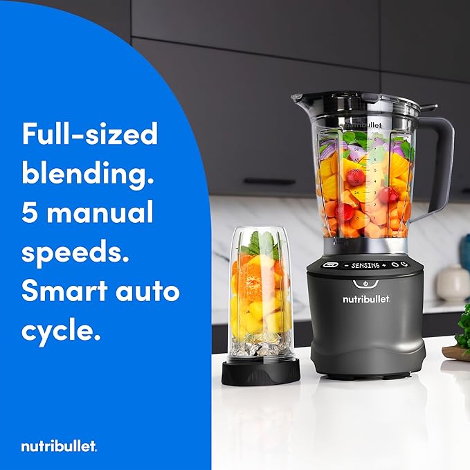 nutribullet® SmartSense Blender Combo, 1400W, 64oz Pitcher, 32oz & 24oz Cups, 5-Speed, Smoothies, Ice and Frozen Fruit, Nut Milk, Soup, Gunmetal Gray, NBF50700