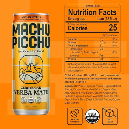 MACHU PICCHU ENERGY, Non-Carbonated Zero Sugar Yerba Mate, Clean Energy Drink Alternative, 12oz (Pack of 12) – 120mg Organic Green Coffee Bean Caffeine, Low Calorie, USDA Organic, No Artificial Flavors (Ocean Citrus)