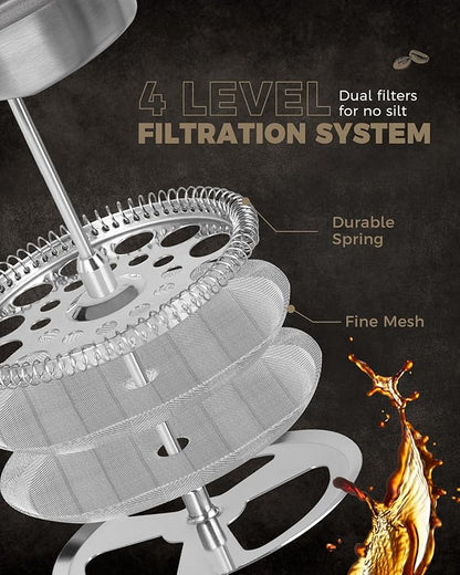 POLIVIAR French Press Coffee Maker, 34 Ounce Coffee Press with Real Wood Handle, Double Wall Insulation & Dual-Filter Screen, Food Grade Stainless Steel for Good Coffee and Tea (Cliff)