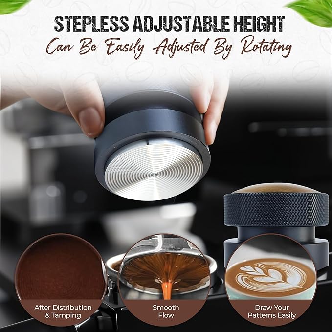 53mm Espresso Tamper, Tamping Tool, Aluminum Alloy, Stainless Steel with Premium Walnut Wood Cap Gravitational Force, Adjustable Height for 54mm Portafilters, Espresso Coffee Accessories