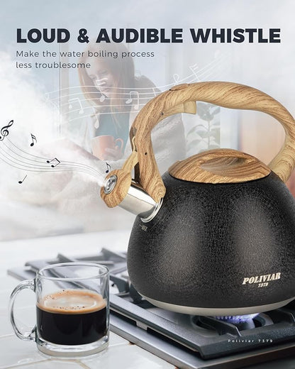 POLIVIAR Tea Kettle, 2.7 Quart Stovetop Tea Kettle, Audible Whistling Teapot with Crackle Finish, Food Grade Stainless Steel for Anti-Rust, Anti Hot Handle, Suitable for All Heat Sources (JX2023-LRB)