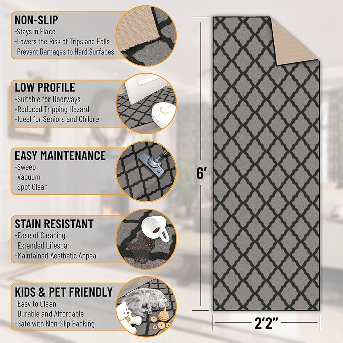 Ottomanson Hallway Runner Rug 2'2" x 6' Non Slip Trellis Area Rugs Easy to Clean Laundry Rug Runner Durable & Pet Friendly Floor Carpet Runners for Hallways Entryway Living Room Kitchen, Dark Gray