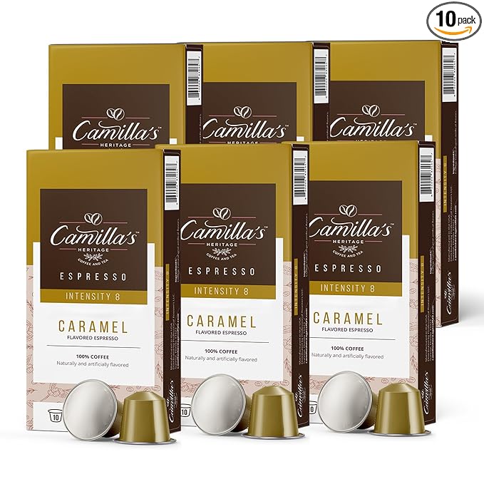 Camilla’s Heritage - Intensity 8 Caramel Flavored Espresso Coffee, Gourmet Espresso Cups, 60 Coffee Pods