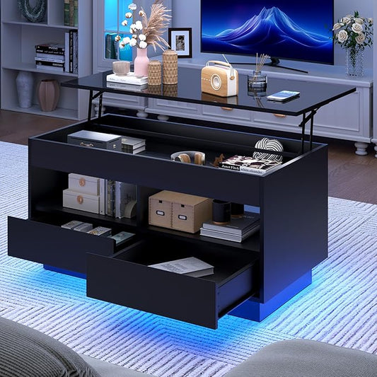 LED Coffee Table with Lift Top Morden Coffee Table with Storage High Gloss Black Sofa Table for Living Room Center Tables Hidden Compartment & 2 Drawers & 2 Open Shelve