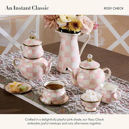 MACKENZIE-CHILDS Enamel Teapot, Cute Small Teapot with Lid, 4-Cup Capacity, Pink-and-White Rosy Check