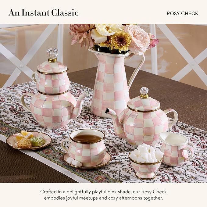 MACKENZIE-CHILDS Enamel Teapot, Cute Small Teapot with Lid, 4-Cup Capacity, Pink-and-White Rosy Check