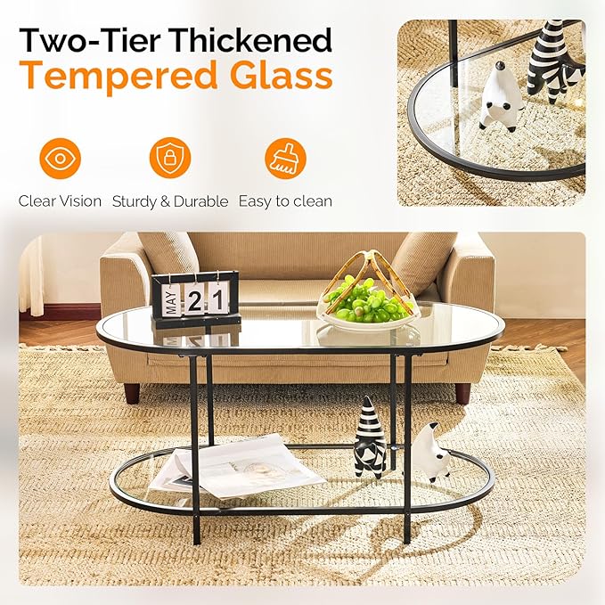 VINGLI Glass Coffee Table, 38" Oval Coffe Table for Home Decor, Modern Tea Table with 2-Tier Storage, Skinny Coffee Tables for Living Room, Office, Small Space, Black