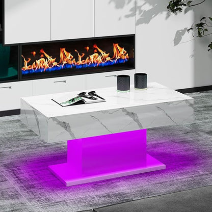Led Coffee Table for Living Room, Living Room Table Rectangular Center Table, Modern High Glossy Wooden Coffee Tables with 16 Colors LED Lights for Dining Reception Room, White Marble