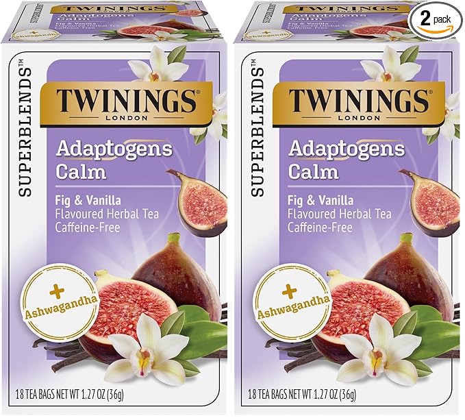 Twinings Superblends Adaptogens Calm with Ashwagandha Fig & Vanilla Flavoured Herbal Tea Caffeine-Free, 18 Tea Bags (Pack of 2), Enjoy Hot or Iced