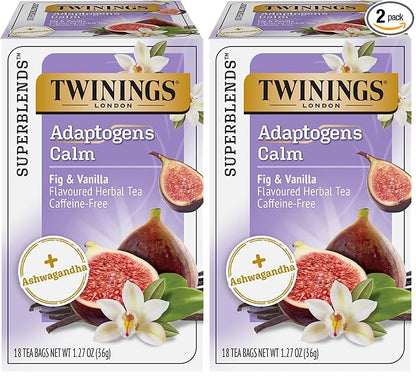 Twinings Superblends Adaptogens Calm with Ashwagandha Fig & Vanilla Flavoured Herbal Tea Caffeine-Free, 18 Tea Bags (Pack of 2), Enjoy Hot or Iced