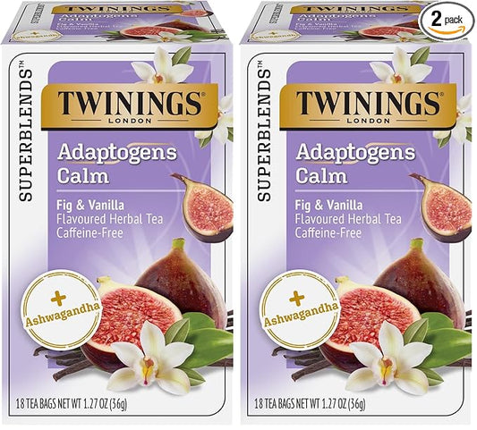 Twinings Superblends Adaptogens Calm with Ashwagandha Fig & Vanilla Flavoured Herbal Tea Caffeine-Free, 18 Tea Bags (Pack of 2), Enjoy Hot or Iced