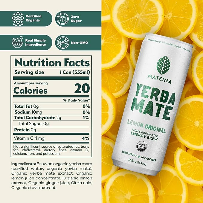 Mateina Yerba Mate Zero Sugar Energy Drink – 120mg Natural Caffeine – Organic, Non-GMO, Non-Carbonated – Dr. Andrew Huberman Recommended – 12 Pack (12oz Cans) (12 Pack, Lemon Original)