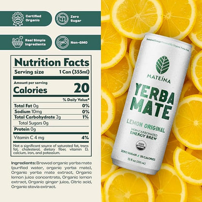 Mateina Yerba Mate Zero Sugar Energy Drink – 120mg Natural Caffeine – Organic, Non-GMO, Non-Carbonated – Dr. Andrew Huberman Recommended – 12 Pack (12oz Cans) (12 Pack, Lemon Original)
