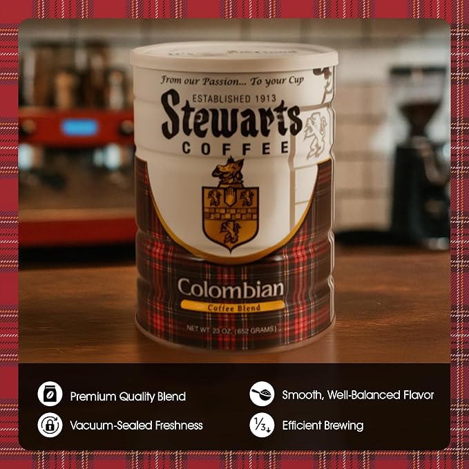 Stewarts Colombian Light Medium Roast Ground Coffee Blend - Mild, Bright, Tasty Flavored Gourmet Coffee Grounds - Great for Hot, Cold Brew, Morning Breakfast, Cafe & More (23oz, Pack of 6 Cans)