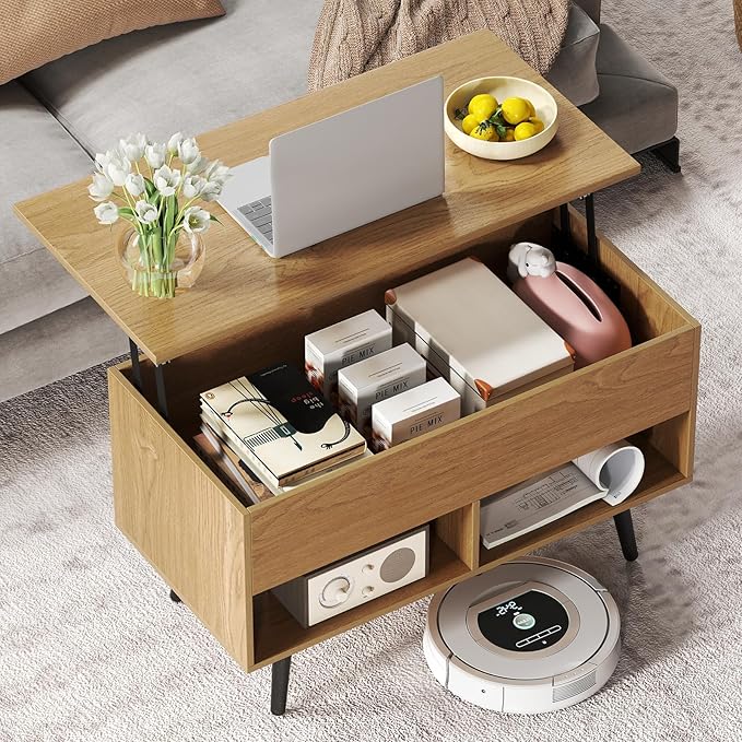 Tangkula Lift Top Coffee Table, Modern Cocktail Table with Hidden Compartment & 2 Open Shelves, Flip Top Center Table, Wooden Pull up Coffee Table for Living Room, Reception Room, Office (Natural)
