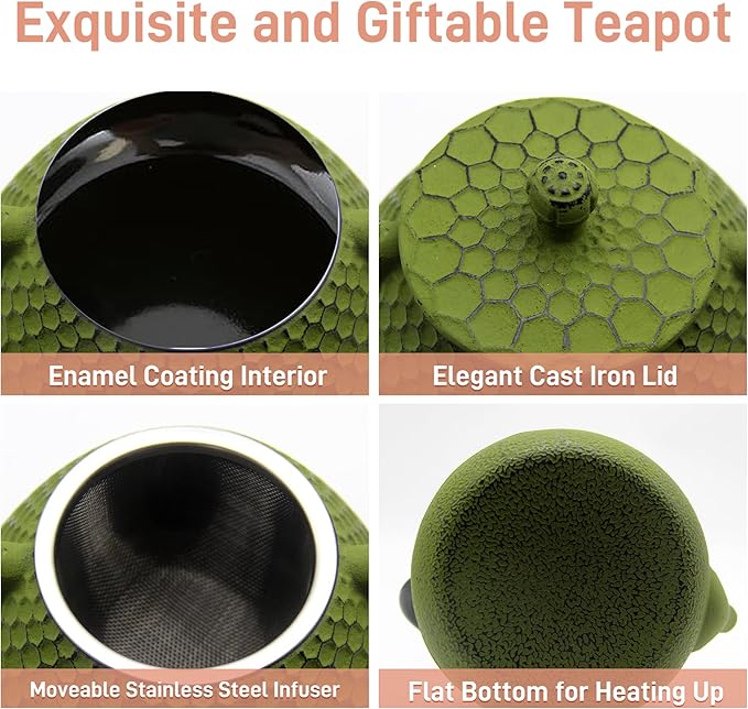 20.3oz Cast Iron Teapot, Small Tea Kettle for Stovetop Safe With Enameled Interior, Stainless Steel Infuser for Loose Tea (Green Honeycomb Pattern)