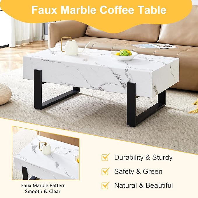 47.2" Marble-Patterned Rectangle Coffee Table MDF Desktop with Metal Legs for Living Room Dining Room Office, White and Black