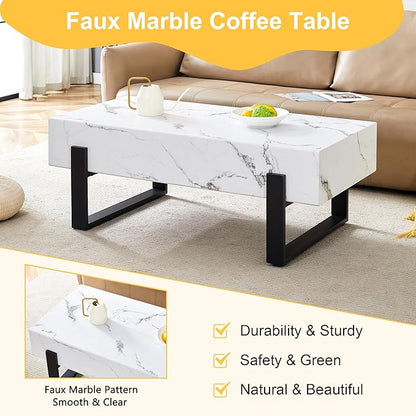 47.2" Marble-Patterned Rectangle Coffee Table MDF Desktop with Metal Legs for Living Room Dining Room Office, White and Black