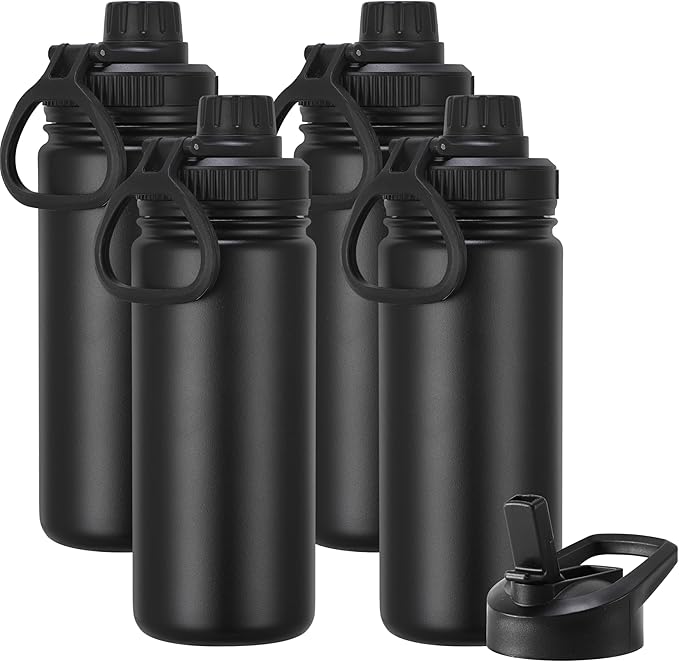 DOMICARE 16 oz Kids Water Bottle for School Stainless Steel Double Wall Vacuum Insulated Water Bottle with Straw lids & Spout Lid, Leakproof BPA Free （Black,4）