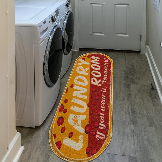Ottomanson 20" x 59" Oval Laundry Room Rug - Non-Slip Mat for Laundry & Mudroom - Durable, Stain-Resistant, and Easy to Clean - Perfect for High-Traffic Areas - Runner Rug for Entryway, Yellow/Red
