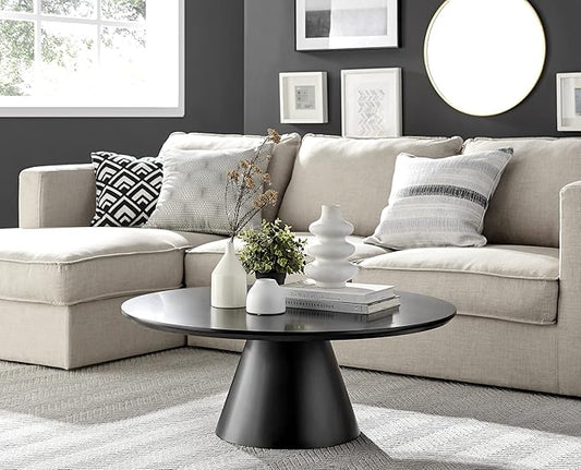 Coffee Table - Palma Round Coffee Table - Contemporary Minimalist Black Round Coffee Table with Tapered Central Pillar - Living Room Furniture
