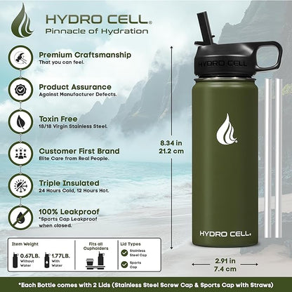 HYDRO CELL Stainless Steel Insulated Water Bottle with Straw - For Cold & Hot Drinks - Metal Vacuum Flask with Screw Cap and Modern Leakproof Sport Thermos for Adults (Army 18oz)