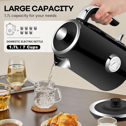 SULIVES Electric Kettle, 1.7L Stainless Steel Tea Kettle with Temperature Gauge, 1500W Water Boiler with LED Light, BPA-Free, Auto Shut-Off and Boil-Dry Protection,Black