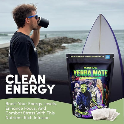 MADFLOW Yerba Mate Tea Bags (100 Mate Tea Bags). Organic & Unsmoked. Resealable Packaging. Alternative to Yerba Mate Loose Leaf.