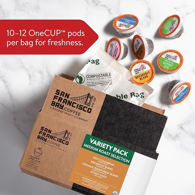 San Francisco Bay Compostable Coffee Pods - Variety Pack Medium Roast (40 Ct) K Cup Compatible including Keurig 2.0, Colombian, Breakfast, Organic Rainforest, Donut Shop